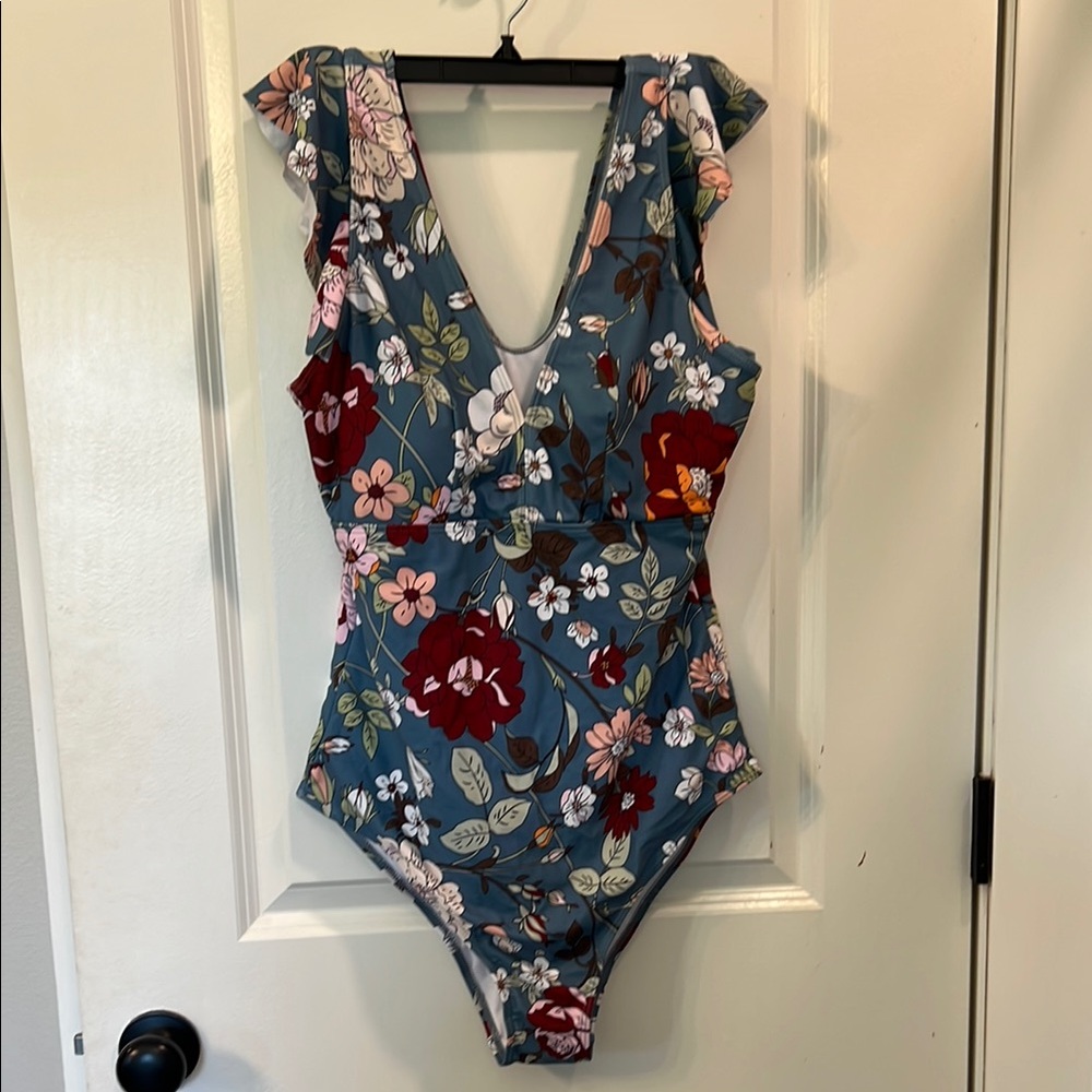 SHEIN Blue and Red Floral One Piece Swimsuit V-Neck